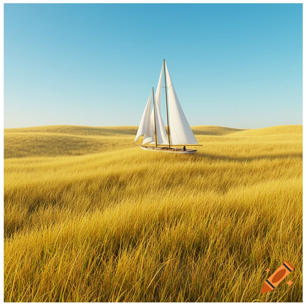A sailboat with white sails sits in a field of tall golden grass under a clear blue sky.