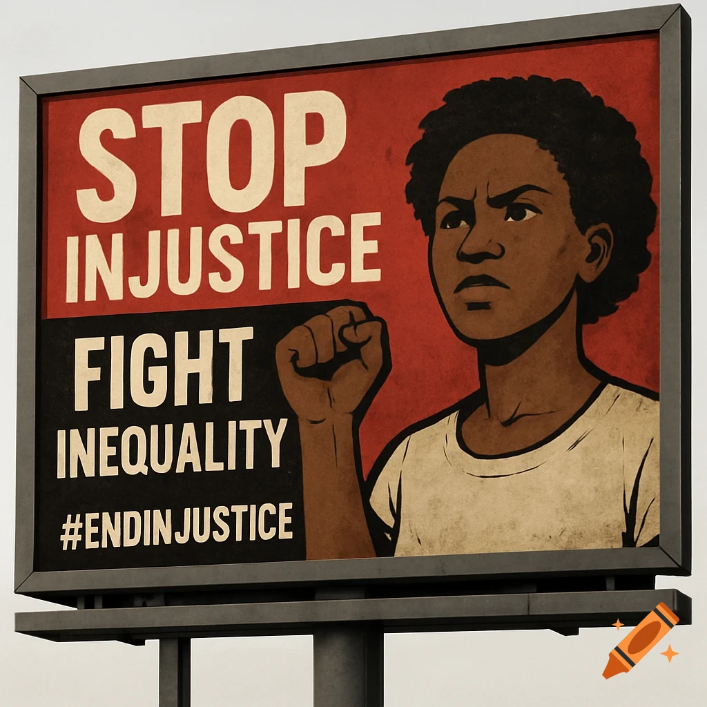 Billboard with STOP INJUSTICE FIGHT INEQUALITY #ENDINJUSTICE text and illustration of a raised fist and determined face.