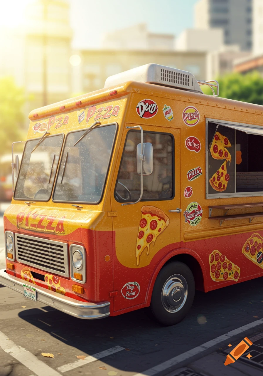 A realistic colorful pizza truck parked on a city street.