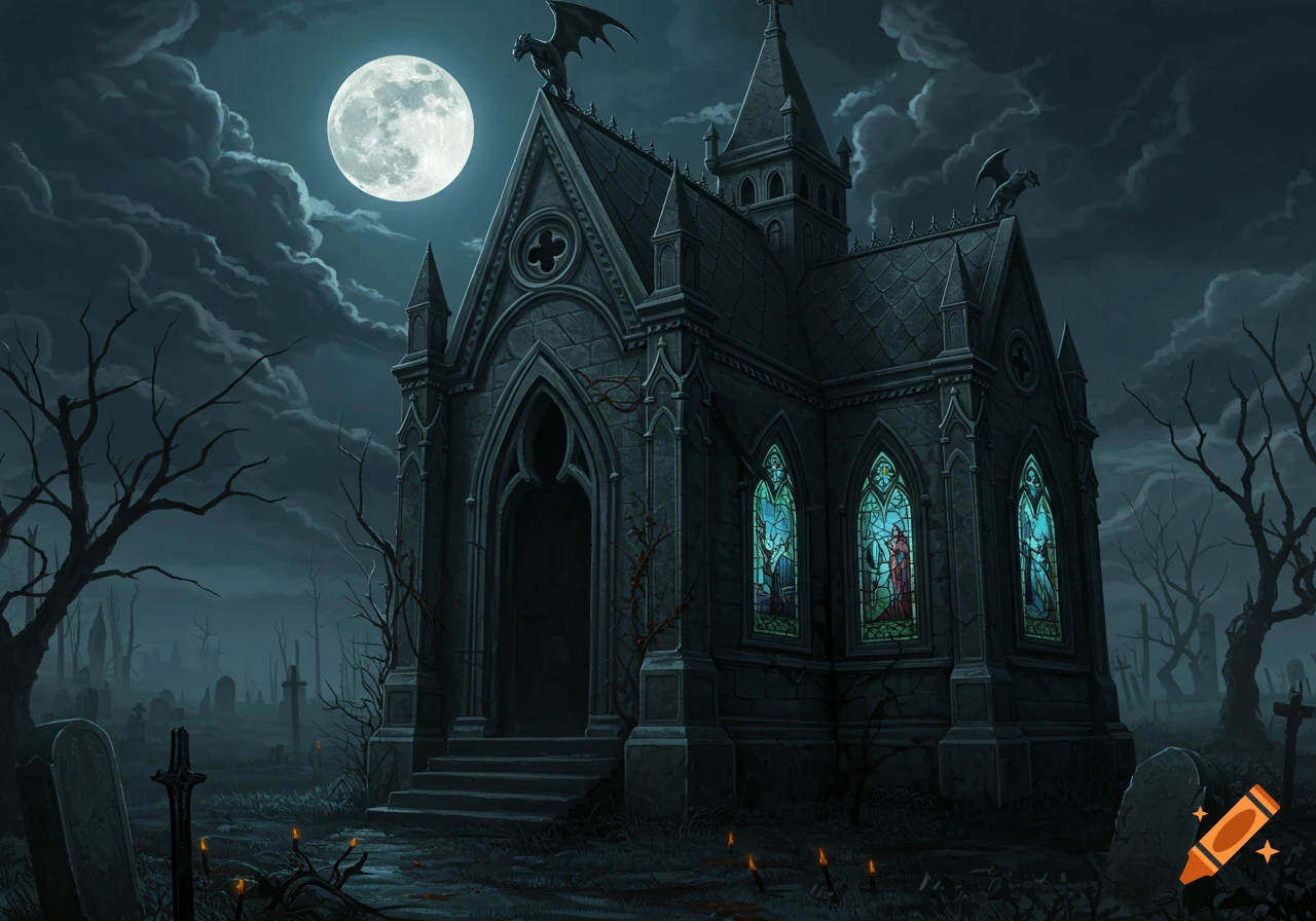 A gothic mausoleum stands in a spooky cemetery under a large full moon and dark clouds. Gargoyles perch on the roof, and stained glass windows glow. Tombs and bare trees are visible in the foggy background.