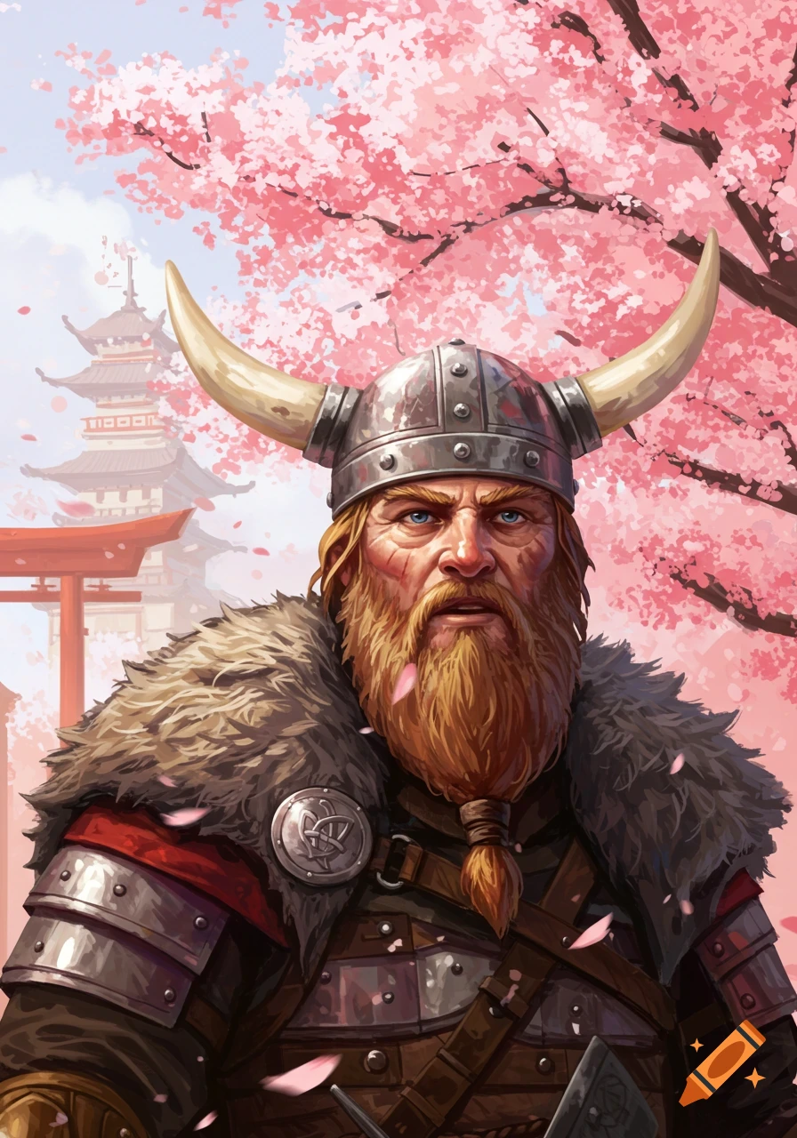 A heavily armored viking with a long beard and horned helmet stands in front of Japanese architecture and cherry blossoms.
