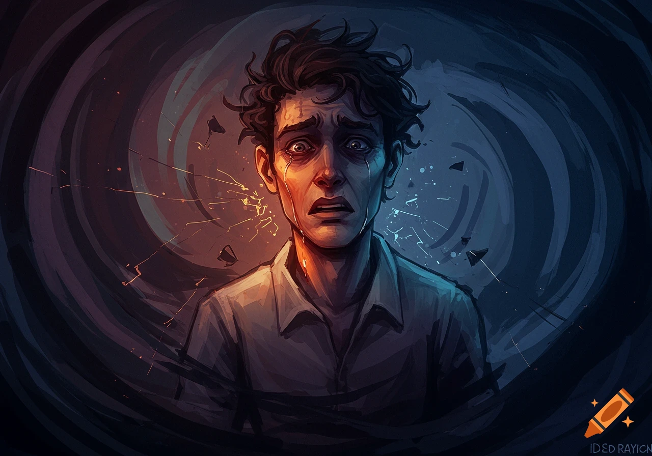 Illustration of a man crying, looking distressed, with a swirling dark background.