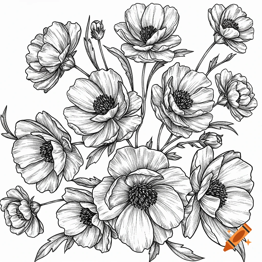 Black and white line drawing of a cluster of flowers and buds.