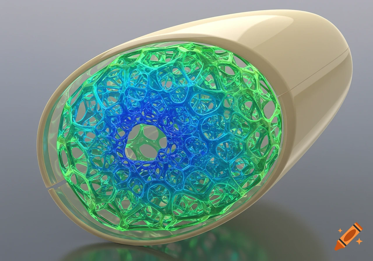 3D rendering of a green and blue abstract porous structure inside a translucent tube