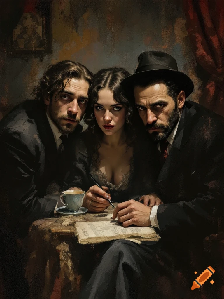 Three dramatic figures, two men and one woman, look intently at the viewer while gathered around a table with a book and coffee in a dark, painted style.