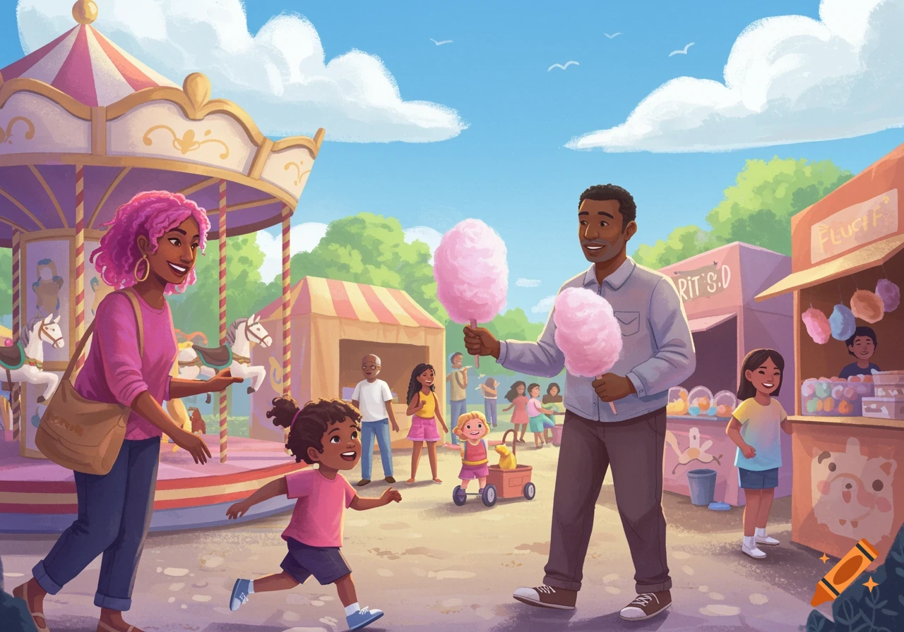 Illustrative scene of a diverse family getting cotton candy at a sunny fairground near a carousel