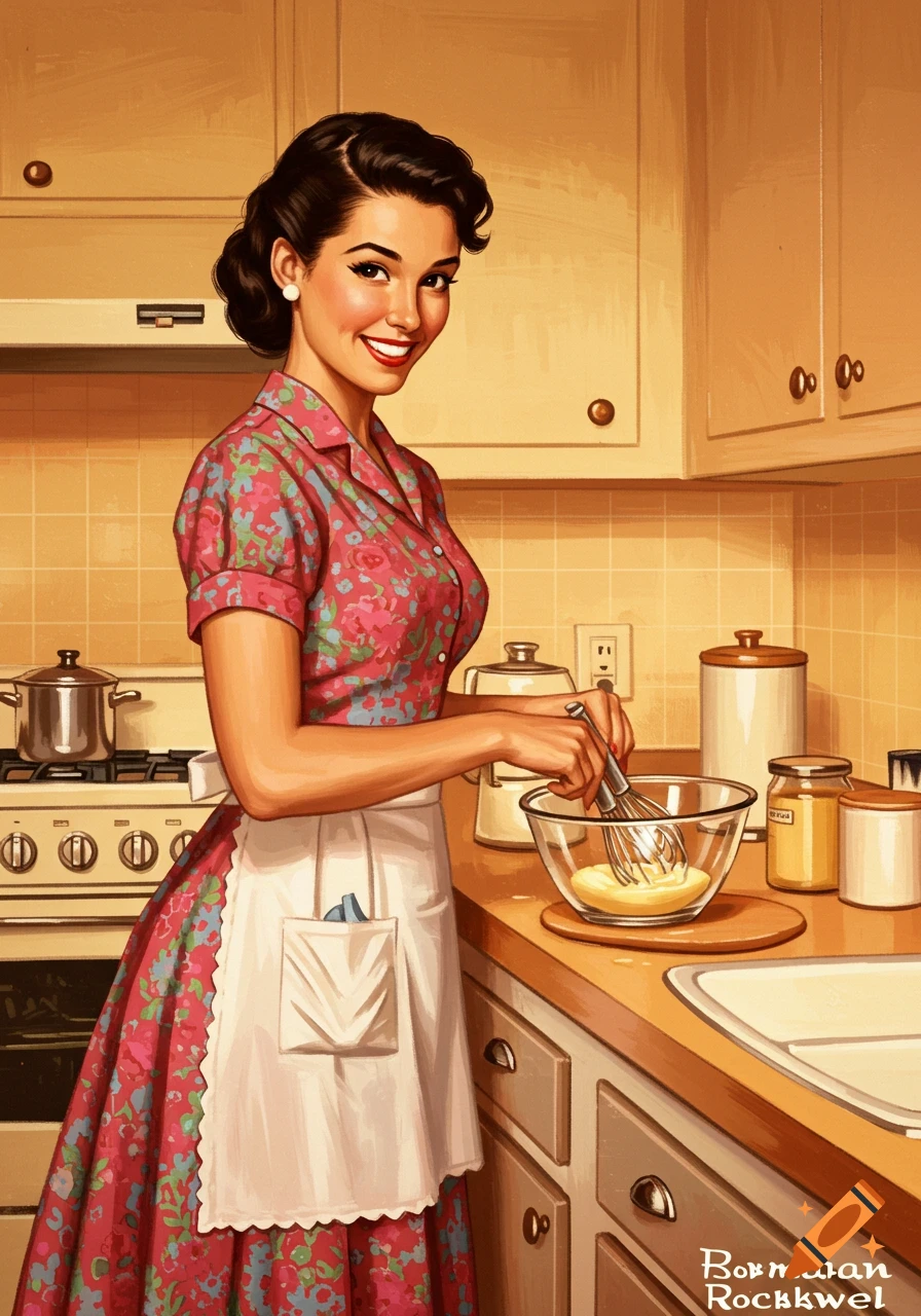 A 1950s style illustration of a housewife in a kitchen mixing ingredients in a bowl.