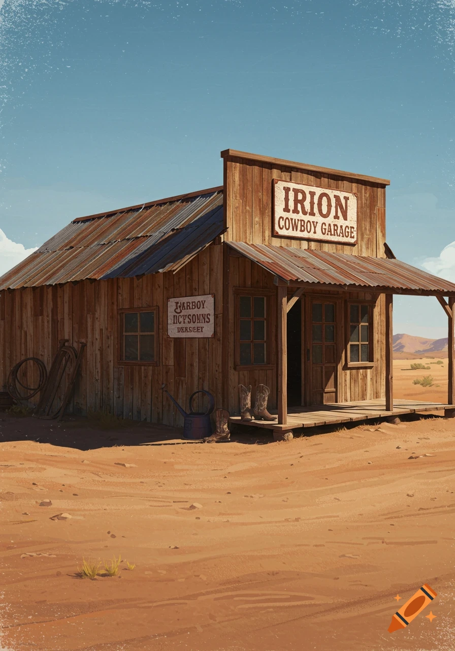 A western building in a desert landscape with signs, boots, and a watering can.