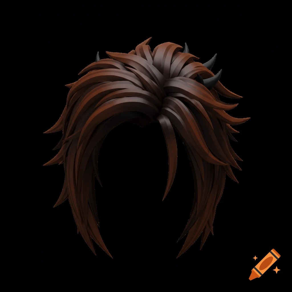 A 3D rendered spiky brown hairstyle with small black horns, in Roblox style.