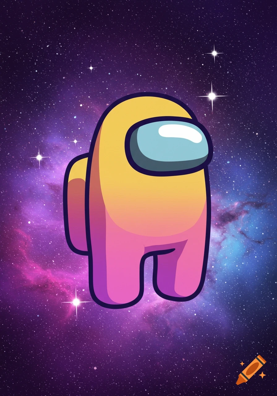 An Among Us character, half yellow and half pink, floats in front of a purple and blue starry galaxy background.
