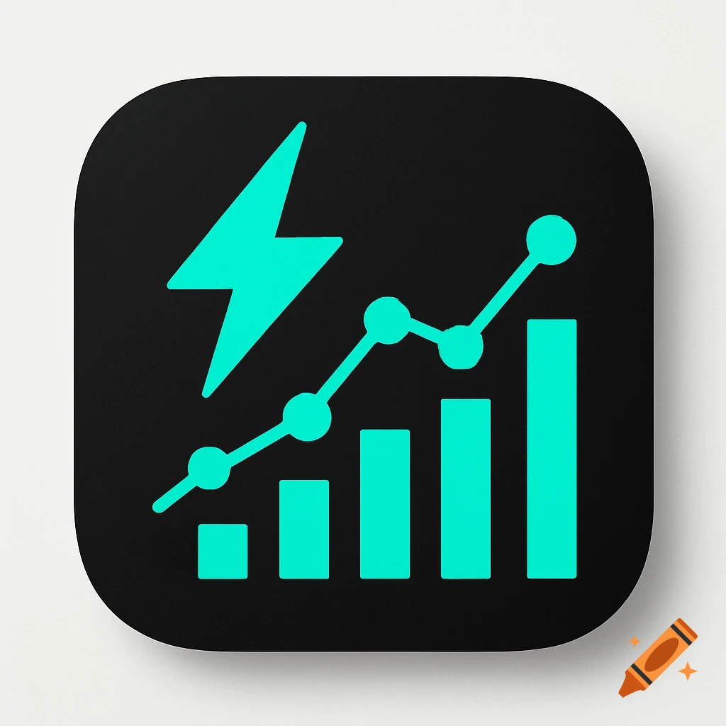 App icon with a green lightning bolt and a line graph with rising data points and bars on a black background.