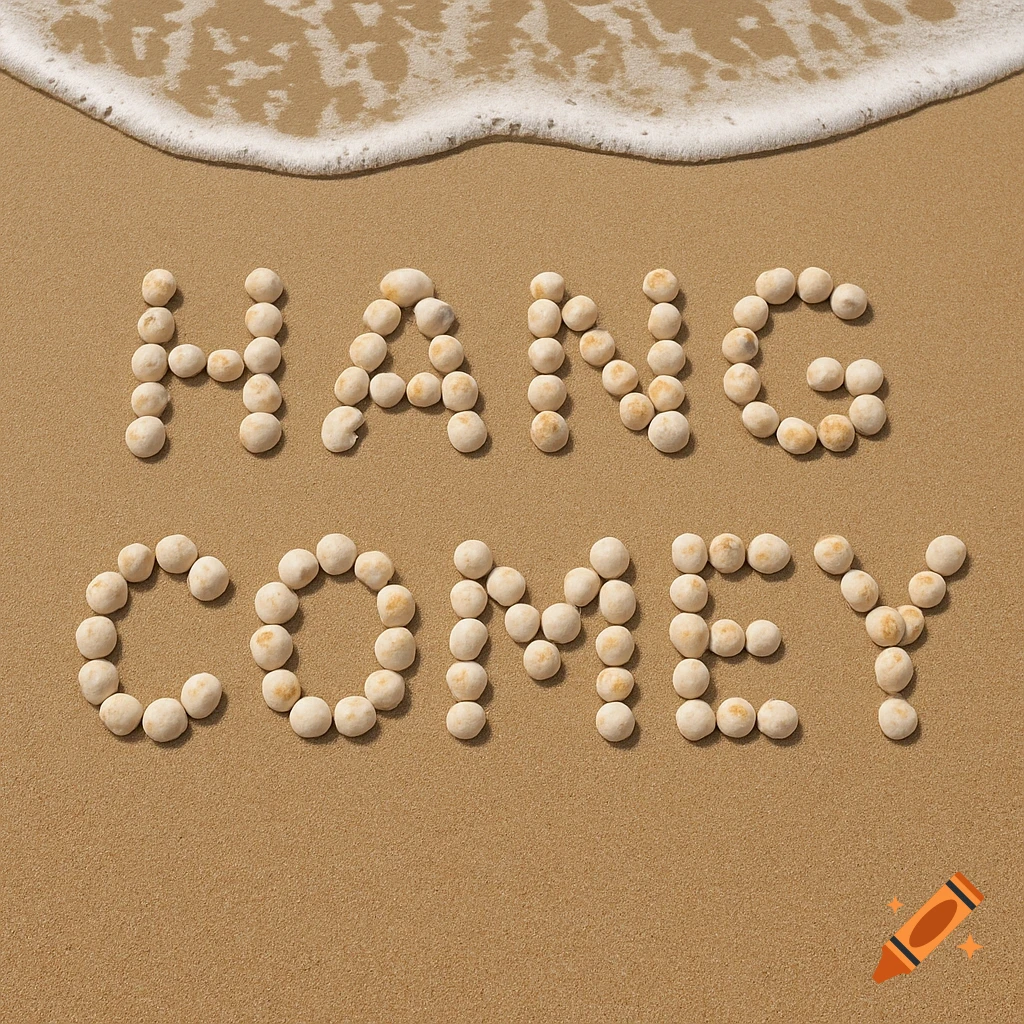 The words 'HANG COMEY' formed from seashells on a beach with a wave receding