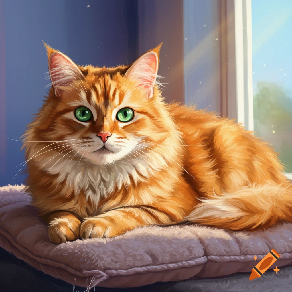 A fluffy orange cat with green eyes sits on a pink pillow by a sunny window.