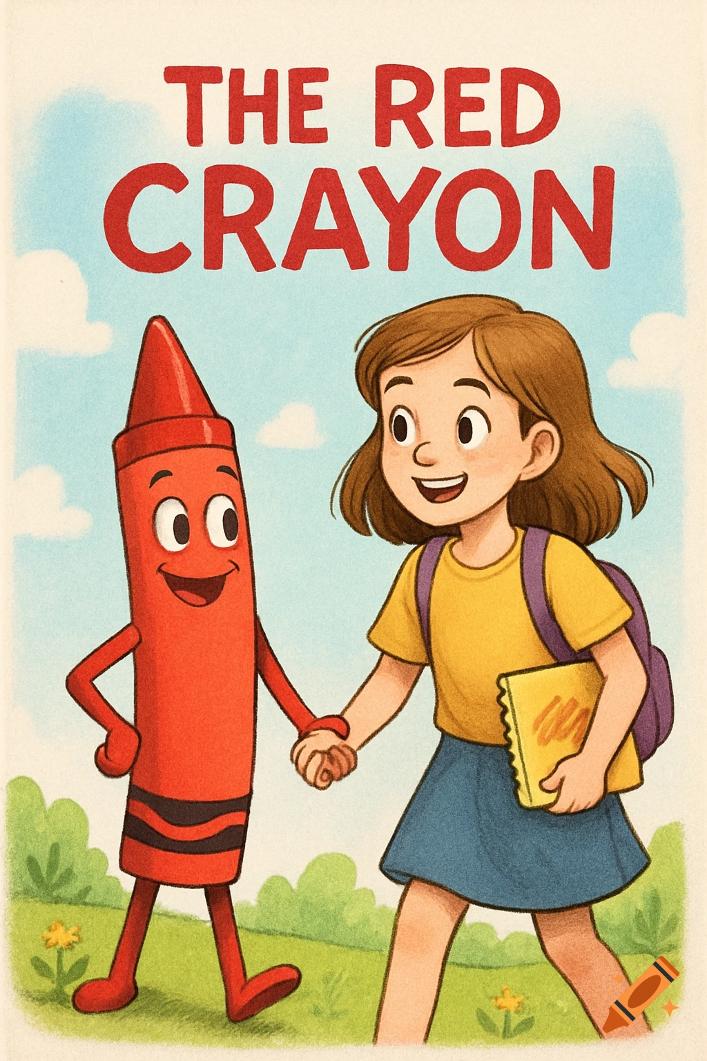 A cartoon red crayon and a girl walk hand-in-hand on a grassy hill under a blue sky. Text reads "THE RED CRAYON".