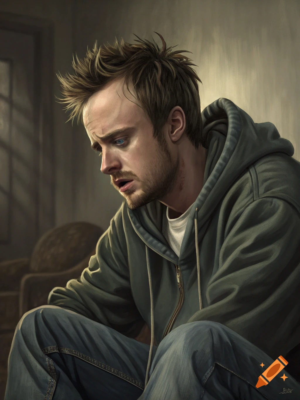 Realistic portrait of a man in a gray hoodie looking down, with blue eyes and messy hair.