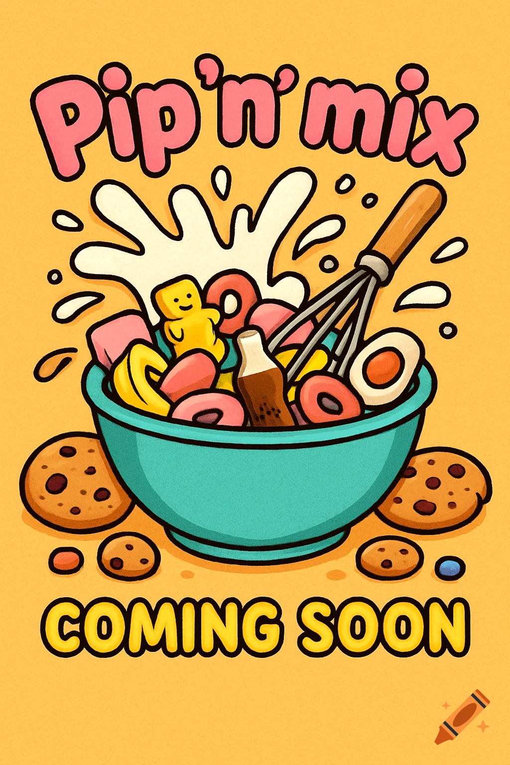 Cartoon illustration of candy and snacks in a mixing bowl with a whisk and text saying 'Pip 'n' mix Coming Soon'.