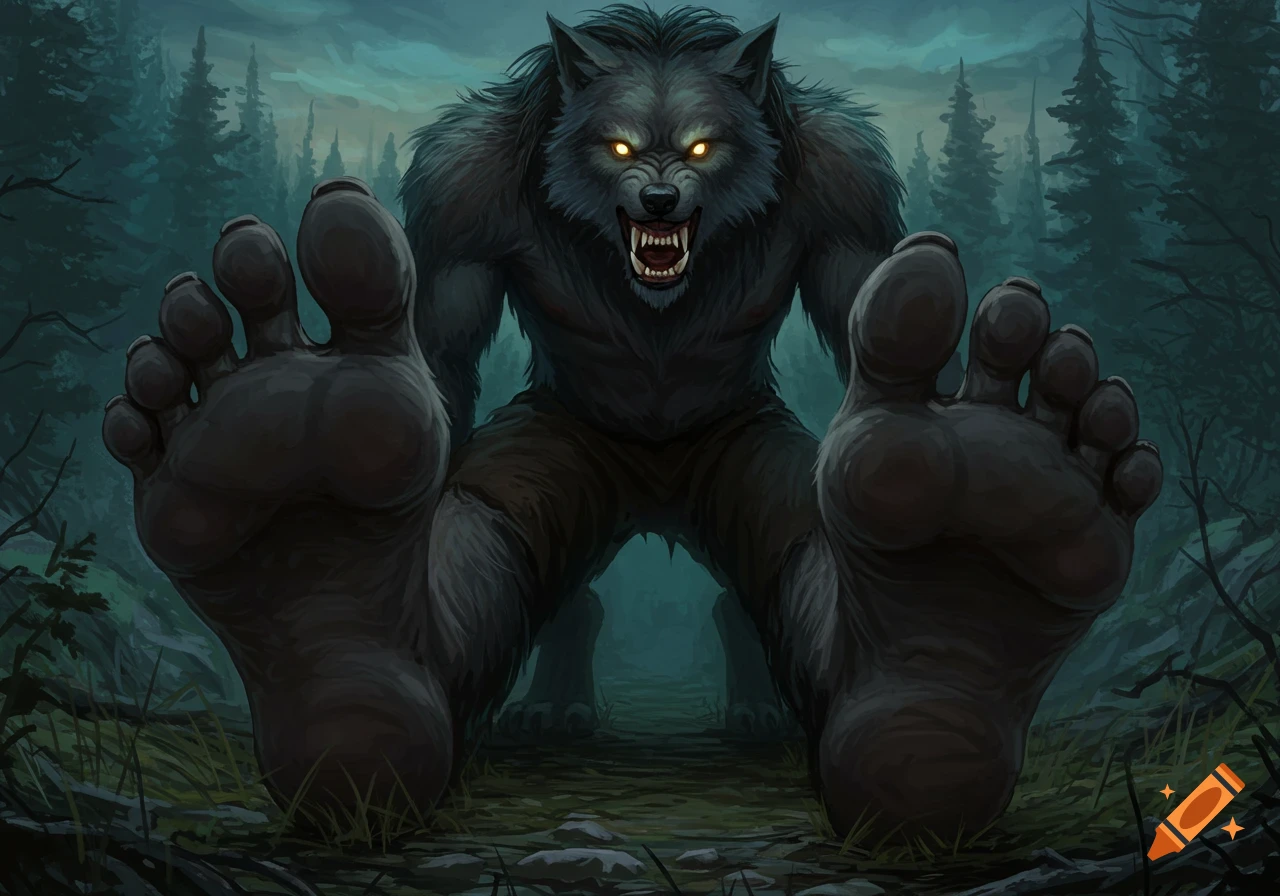A menacing werewolf stands over the viewer, its large feet dominating the foreground in a dark forest.