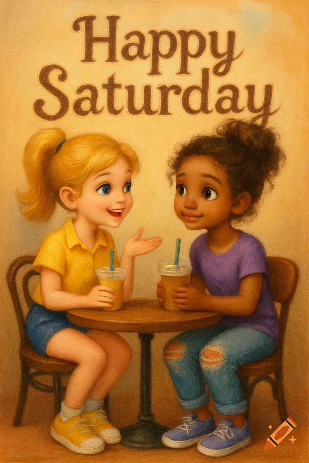 Two cartoon girls sit at a table with drinks, text 'Happy Saturday' above, airbrushed illustration style.