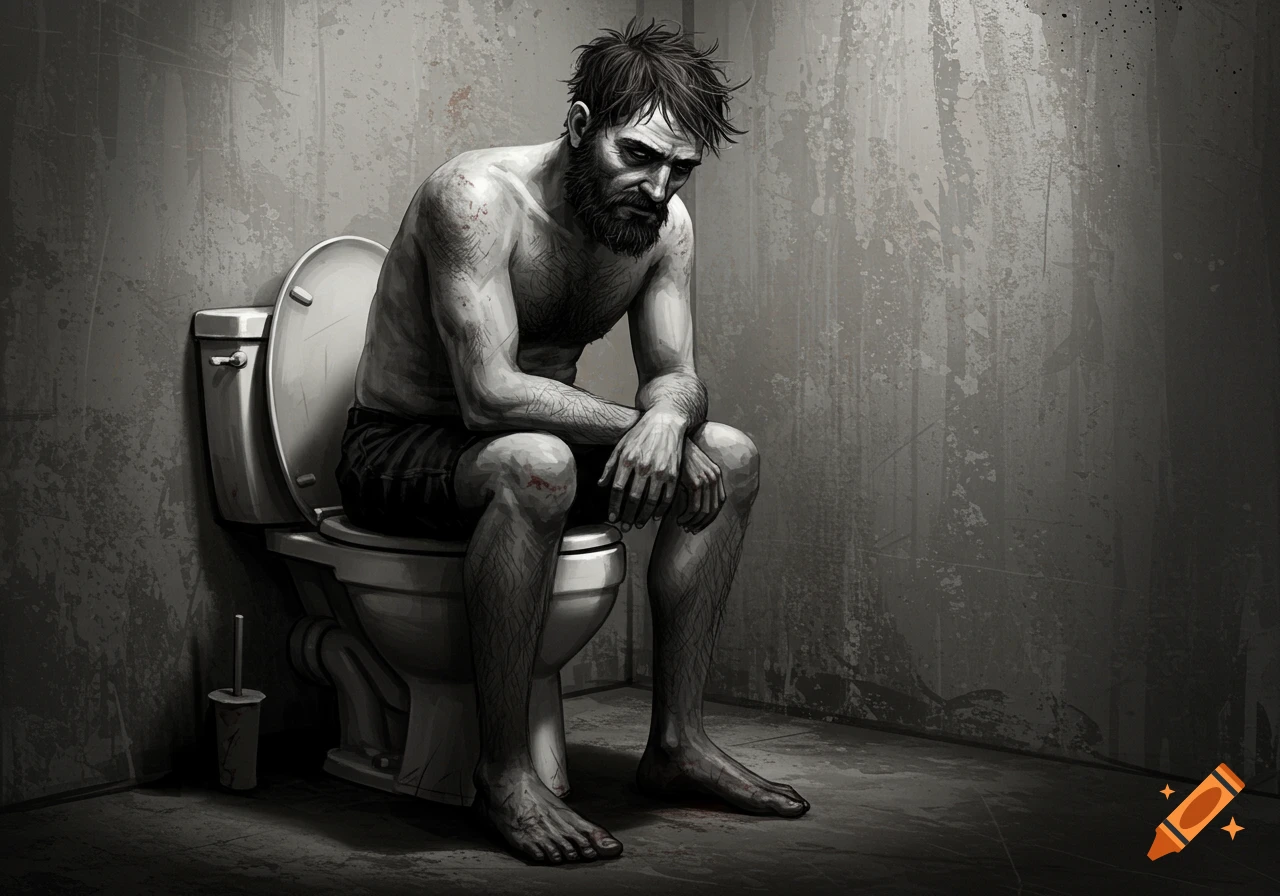 Black and white grunge illustration of a man sitting on a toilet