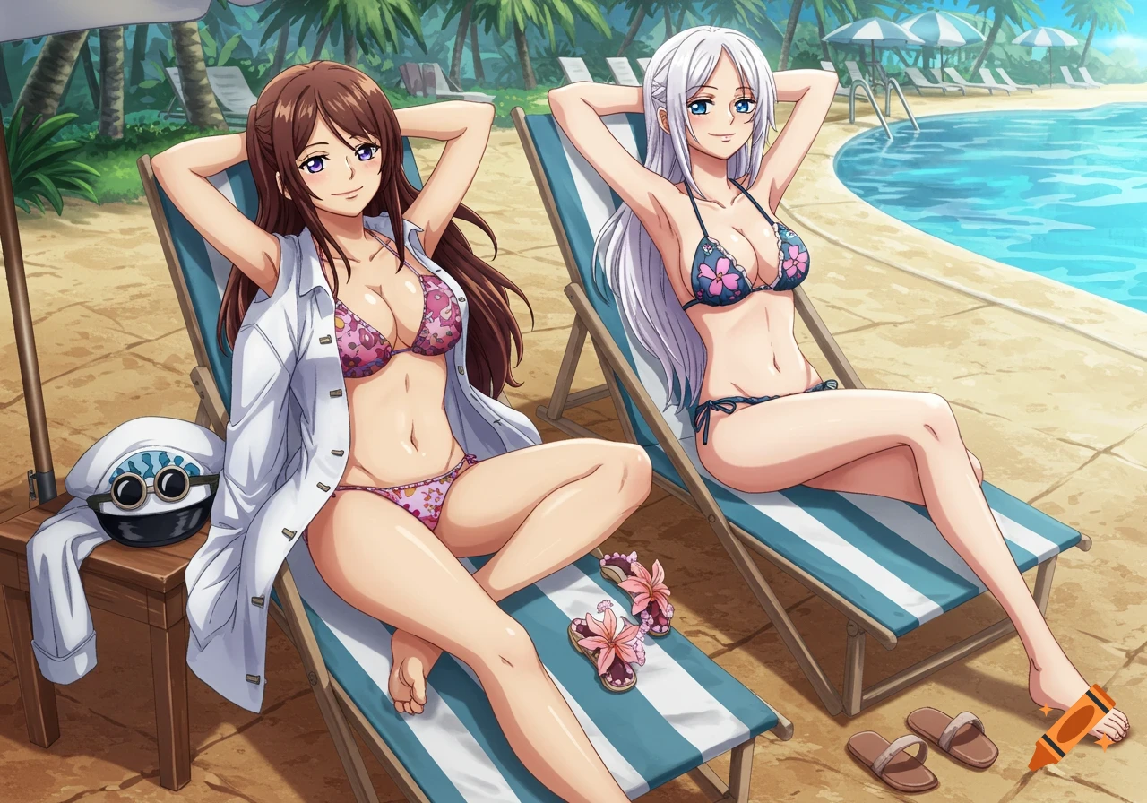 Anime image of two women in bikinis lounging in chairs by a pool.