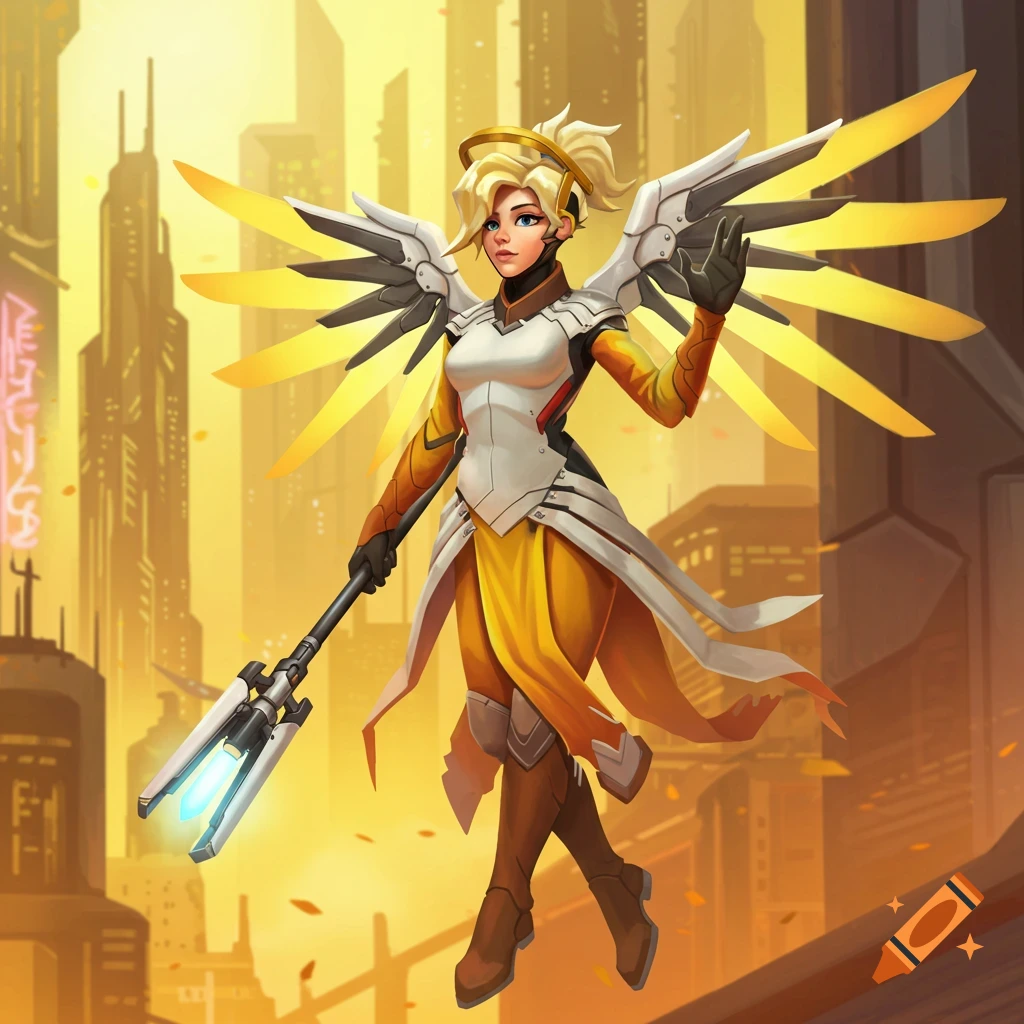Overwatch character Mercy flies with wings spread and staff in hand over a futuristic city.