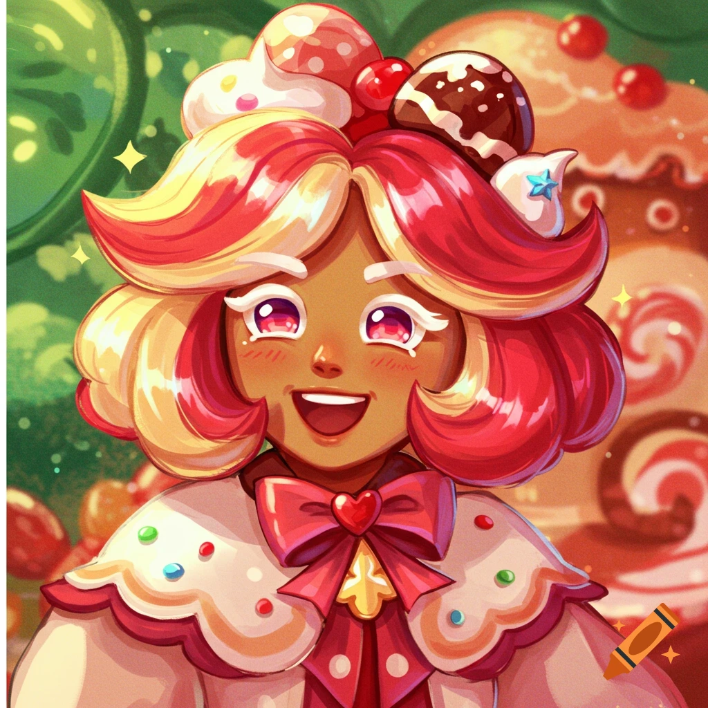 Close-up illustration of a smiling brown-skinned character with red and blonde hair styled like whipped cream, wearing a cookie-themed outfit and red bow.