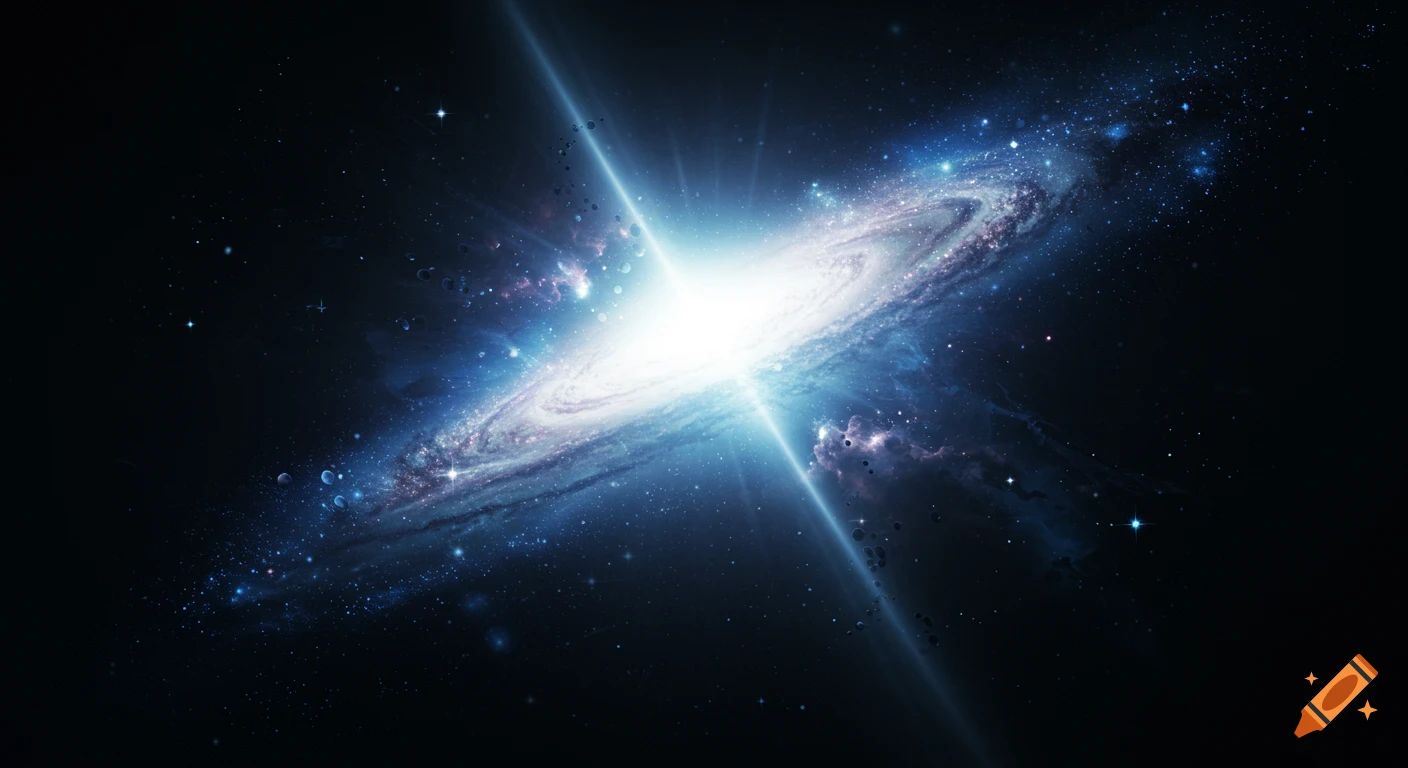 A bright galaxy with a central burst of light swirls in space, surrounded by stars and nebulae.