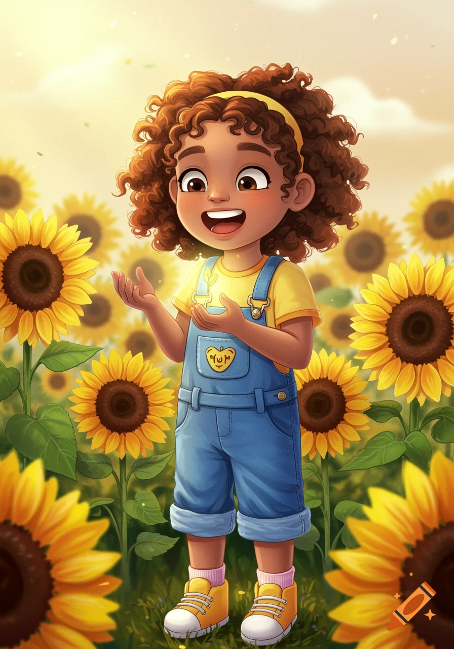 A cheerful girl in overalls stands in a field of sunflowers in a children's book illustration style.