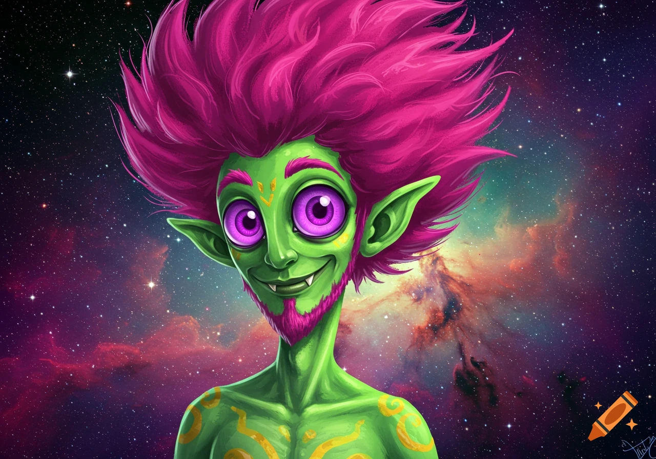 A green alien with bright pink spiky hair and purple eyes stands against a space background.