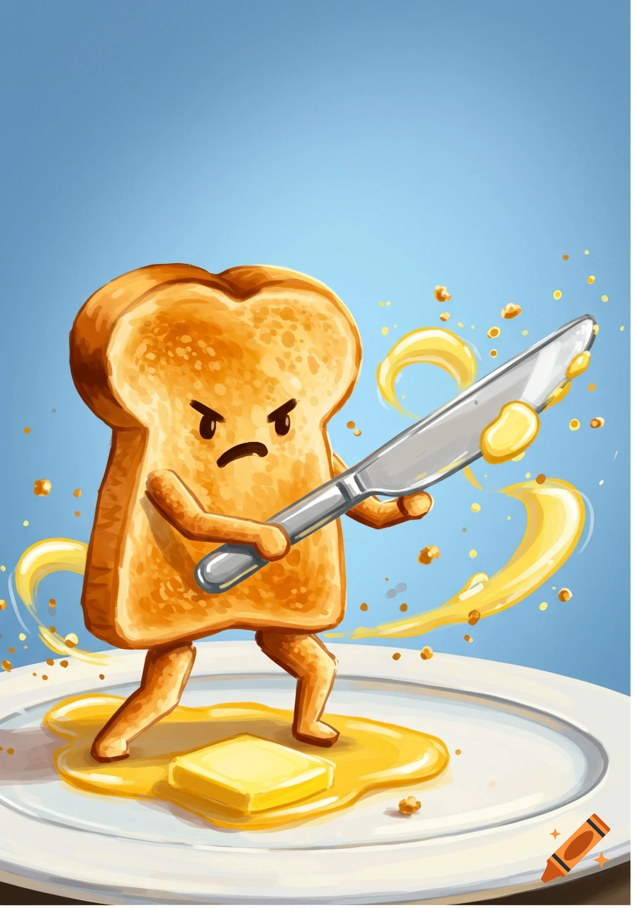 Cartoon toast character with angry eyebrows fighting with a butter knife on a plate of melted butter.