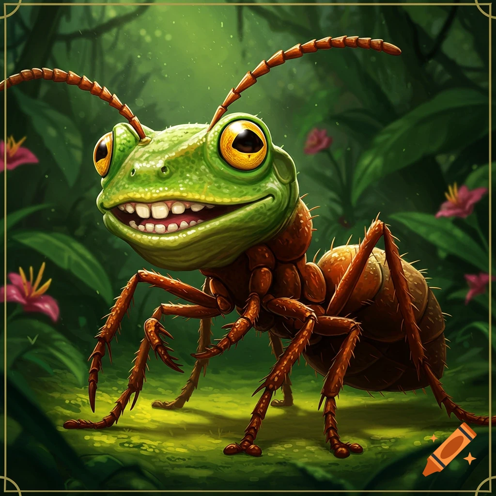 An illustration of a creature with a frog head and an ant body standing in a jungle.