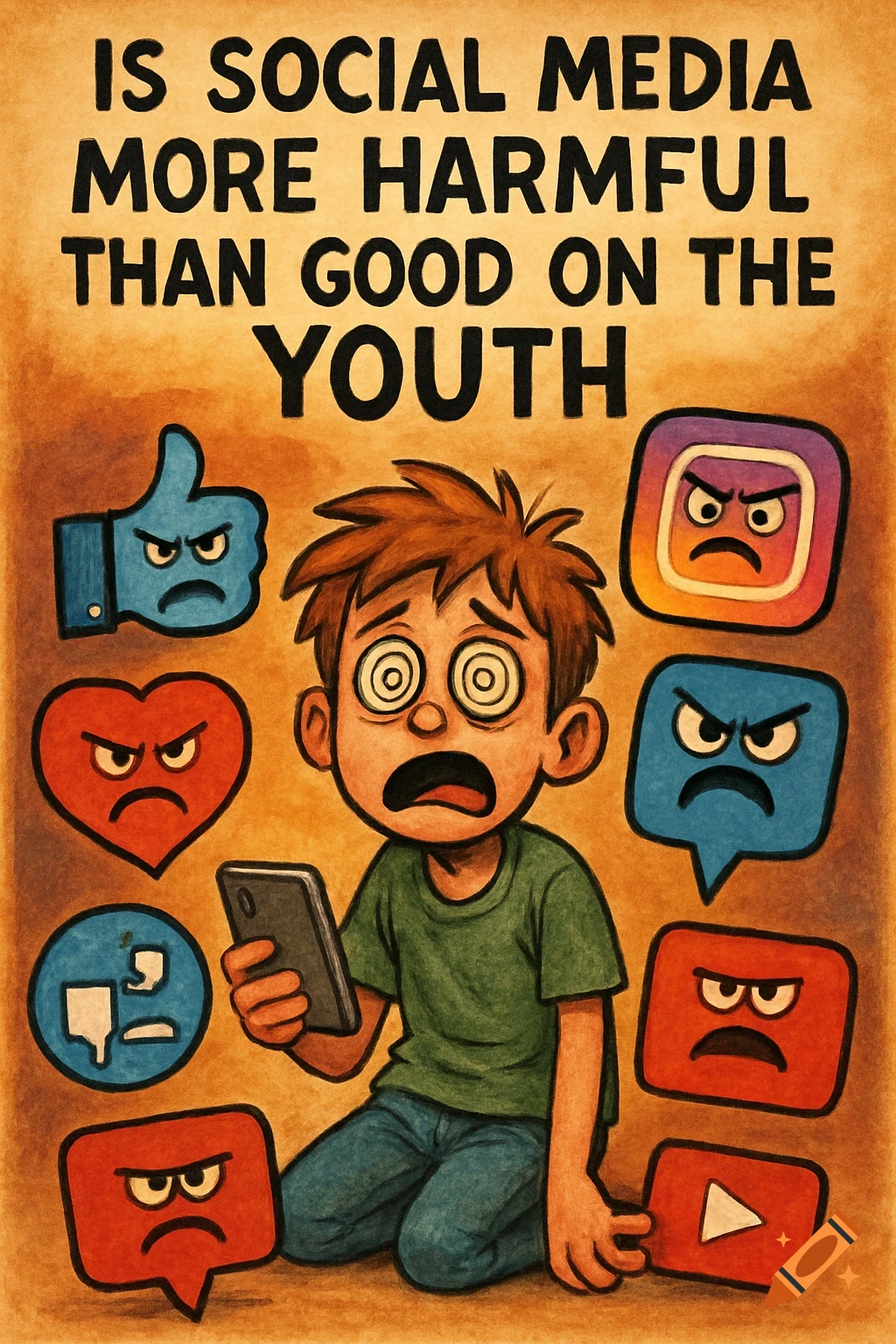 Cartoon illustration of a worried youth with a phone surrounded by angry social media icons. Text: IS SOCIAL MEDIA MORE HARMFUL THAN GOOD ON THE YOUTH