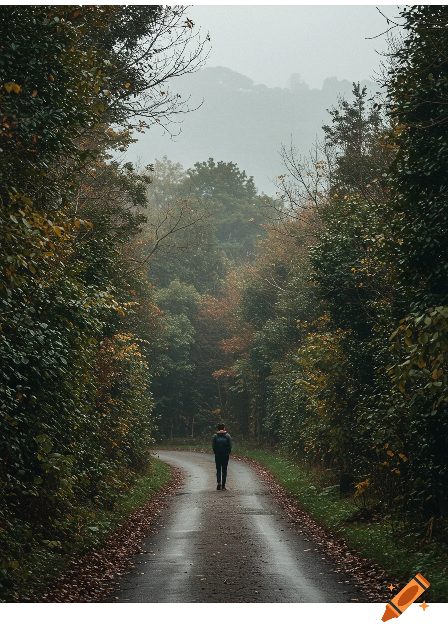 A person walks away down a winding road through a misty forest.