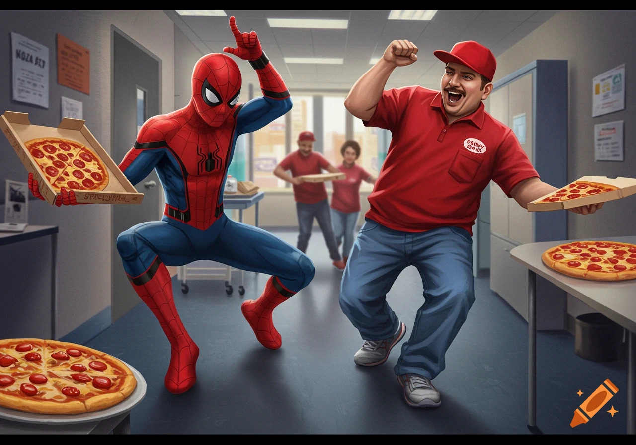 Spiderman and a pizza delivery man dance with pizza in a room.
