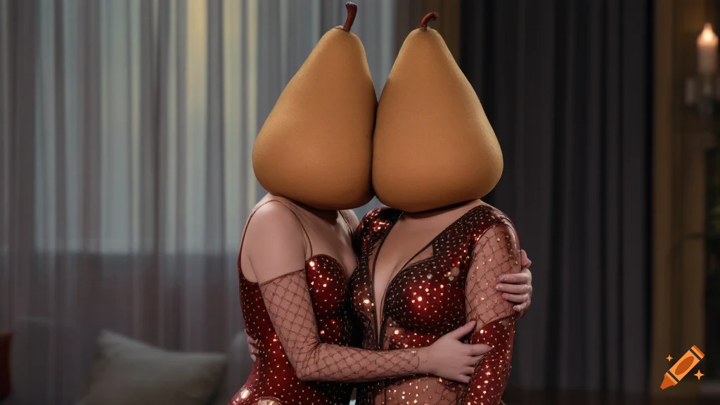 Two women in sparkly red outfits with pear-shaped heads hug in a room.