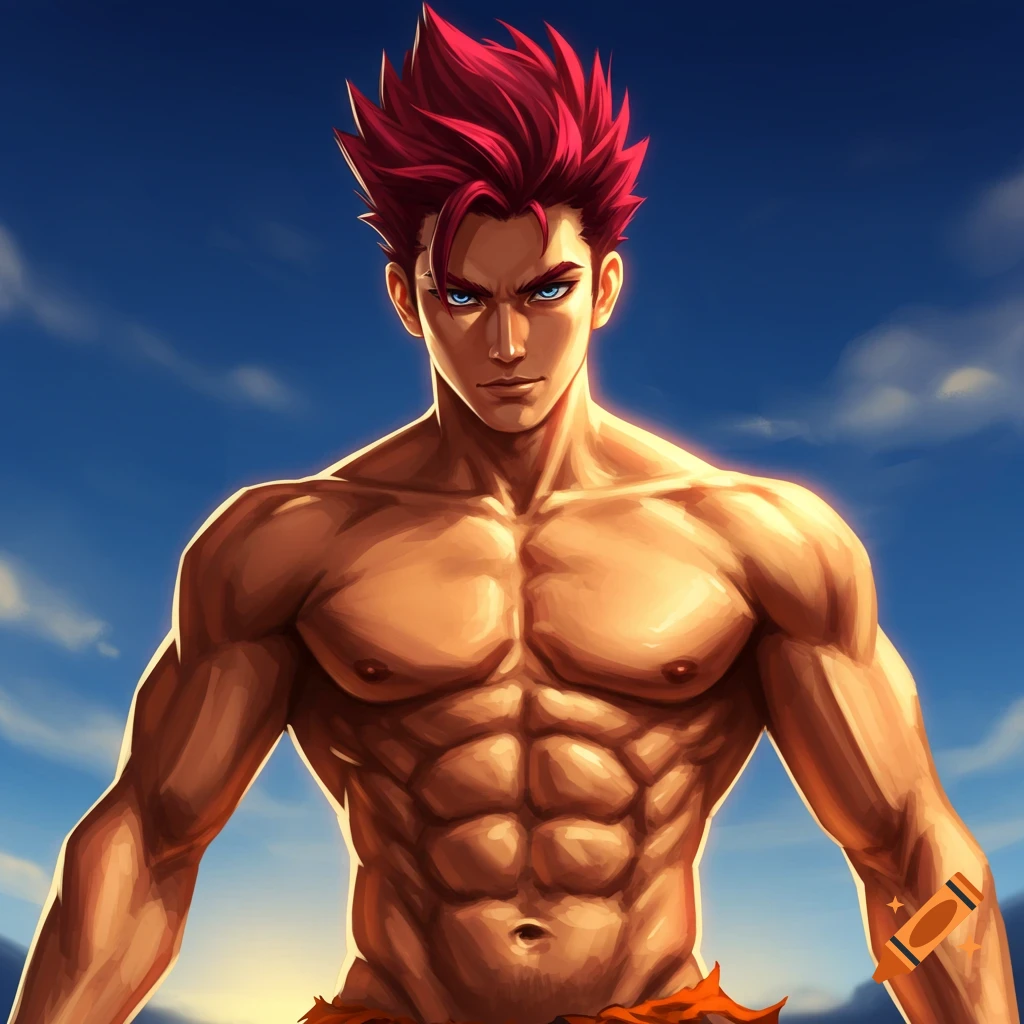 A muscular anime man with red hair stands against a blue sky.