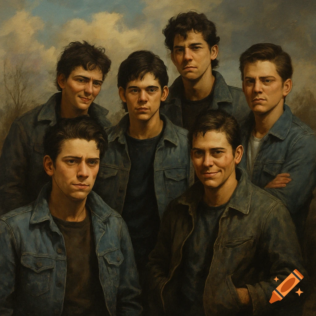 A group portrait of six young men in the style of an oil painting.