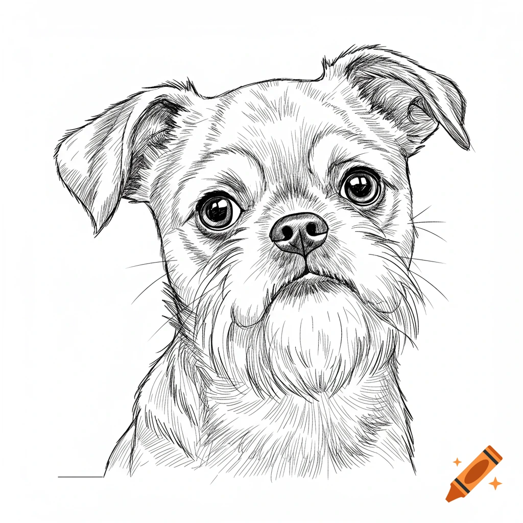 Black and white line drawing of a Brussels Griffon dog head with one ear up.