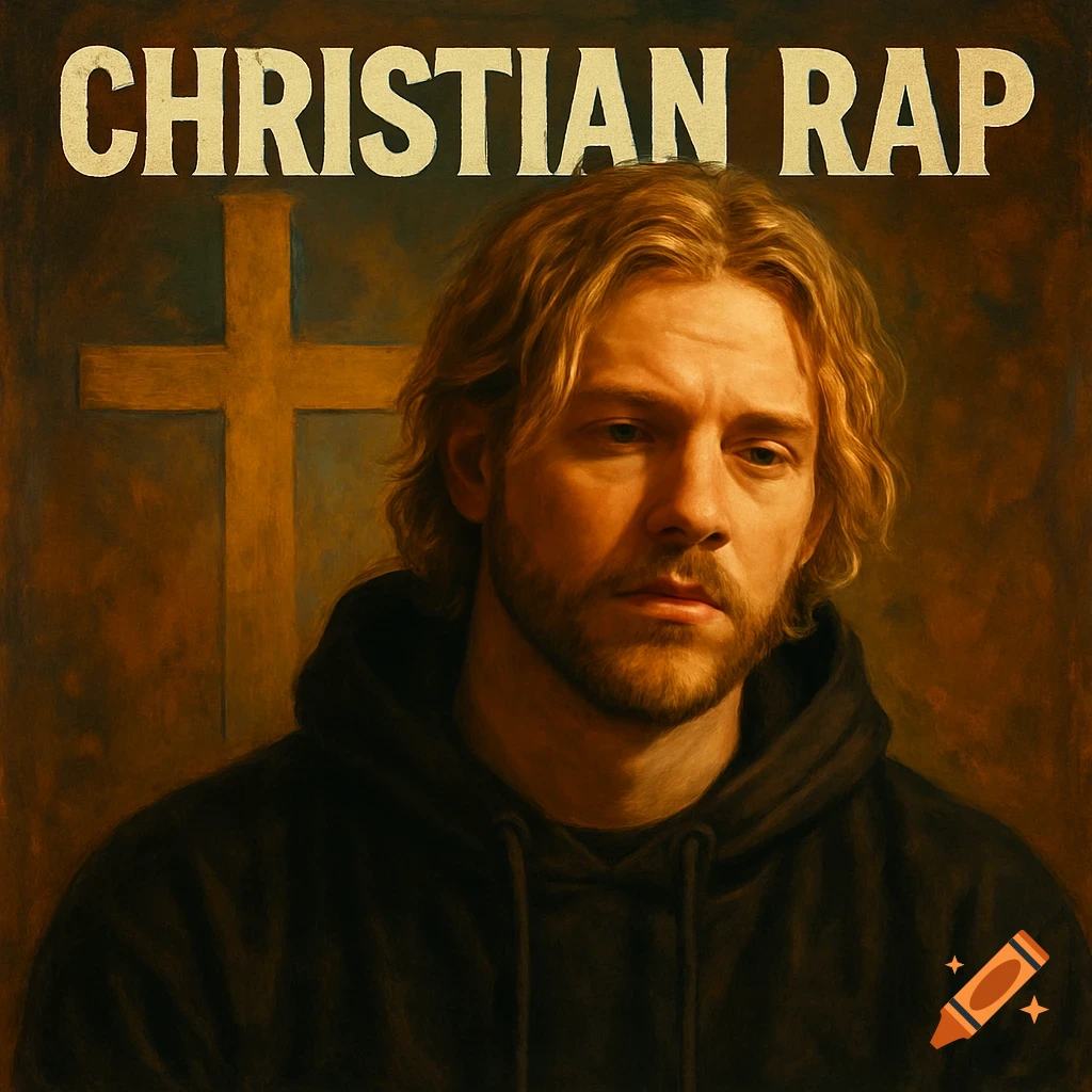 A blonde man in a hoodie stands in front of a cross. Text above reads "CHRISTIAN RAP". Painted style.