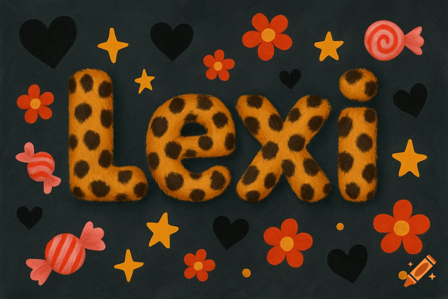 The name LEXI written in cheetah fur texture surrounded by hearts, stars, candy, and flowers on a dark background.
