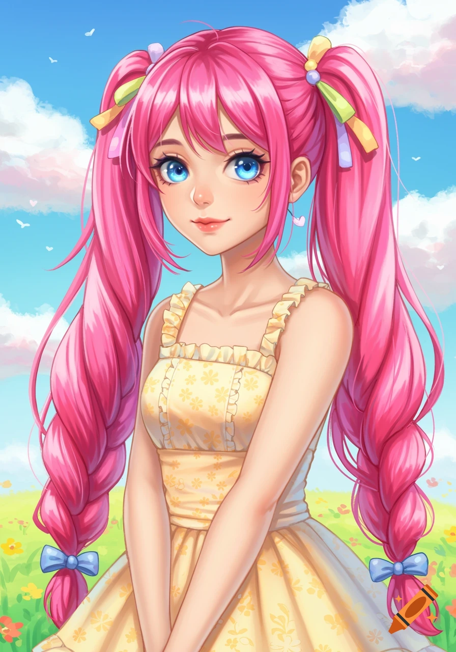 Anime illustration of a girl with pink pigtails in a field