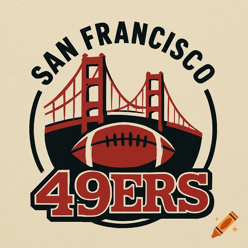 Logo with Golden Gate Bridge, football, and text SAN FRANCISCO 49ERS