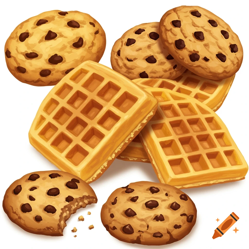 Digital illustration of chocolate chip cookies and waffles.