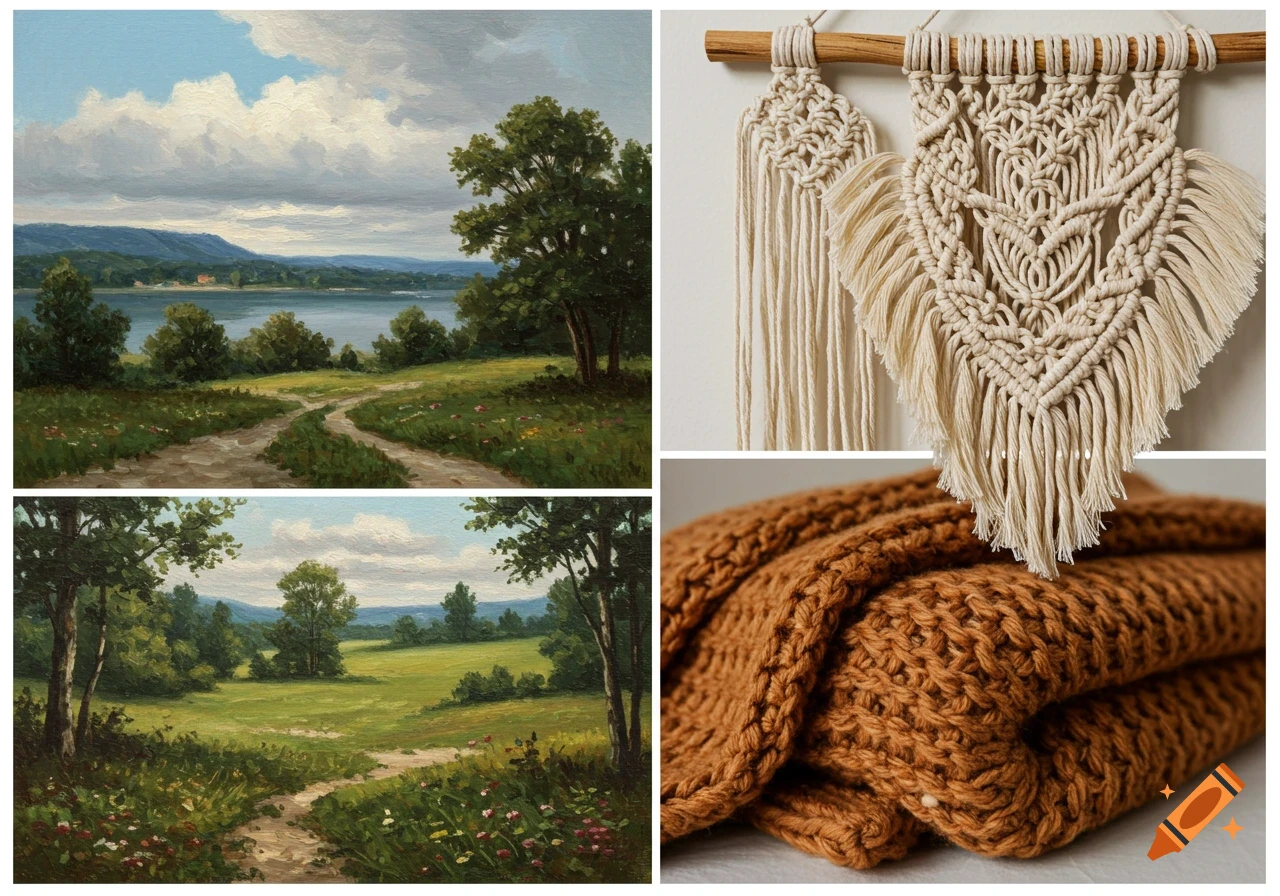 A collage featuring an impressionistic landscape painting, a macrame wall hanging, and a close-up of a brown knitted blanket.