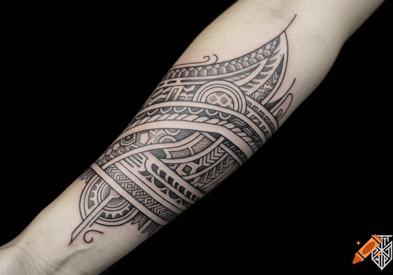 Detailed geometric and tribal pattern tattoo on a forearm.