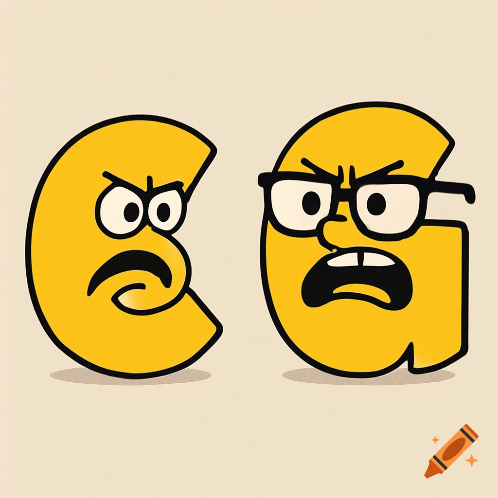 Two angry yellow cartoon letters, a C and a G with glasses.