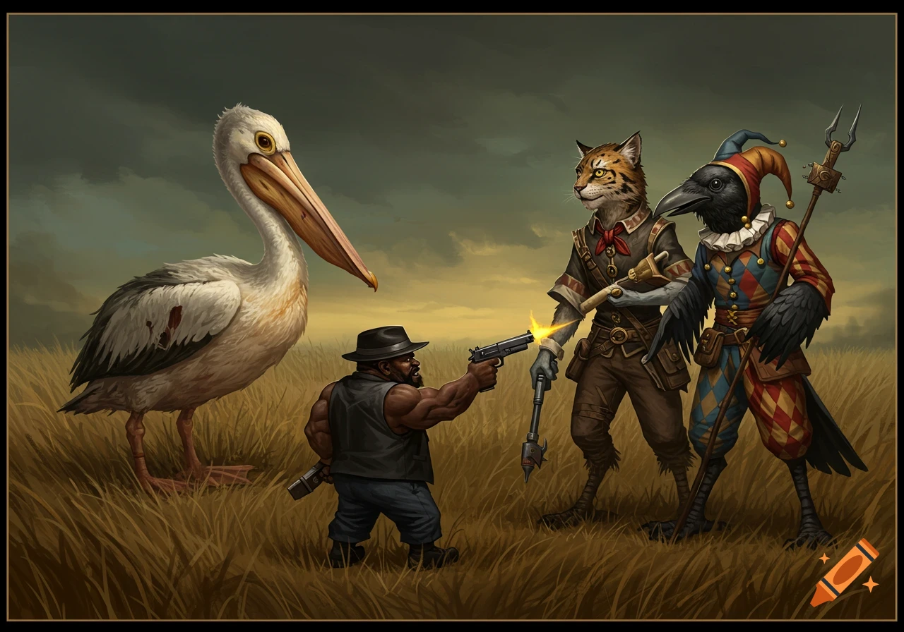 An illustration of a dwarf shooting a gun at a large pelican, standing in a field with a cat-man and a crow-man in jester clothing.