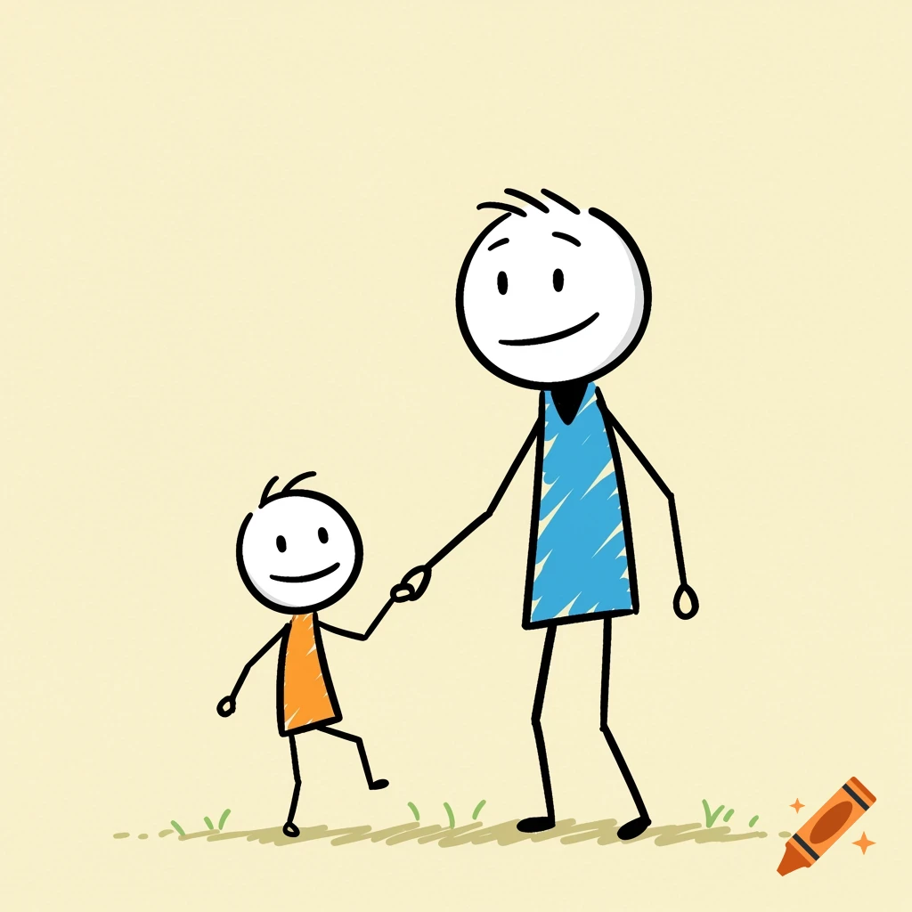 Stick figure drawing of a dad and son holding hands.