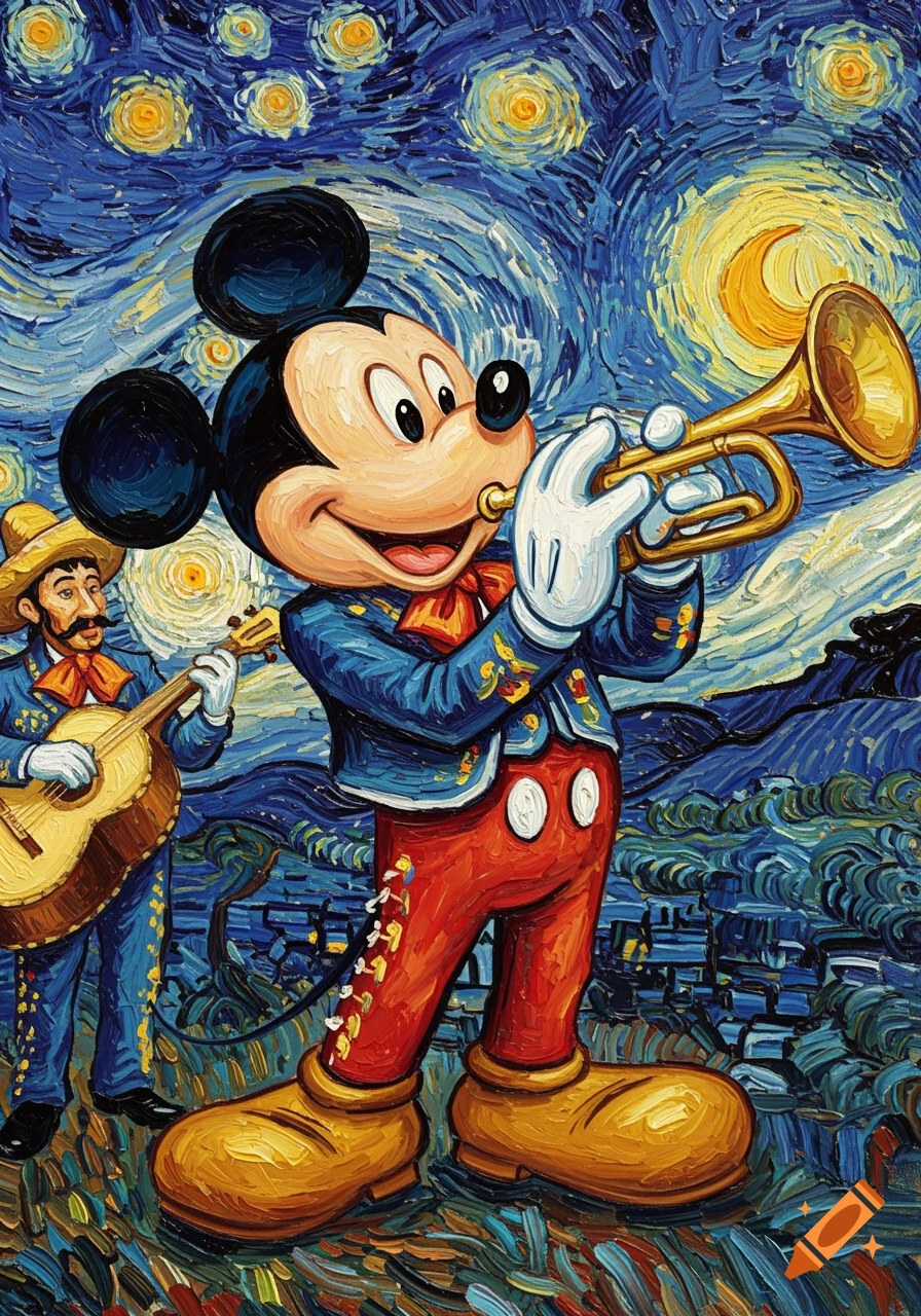 Mickey Mouse playing trumpet in a mariachi band in the style of Van Gogh's Starry Night.