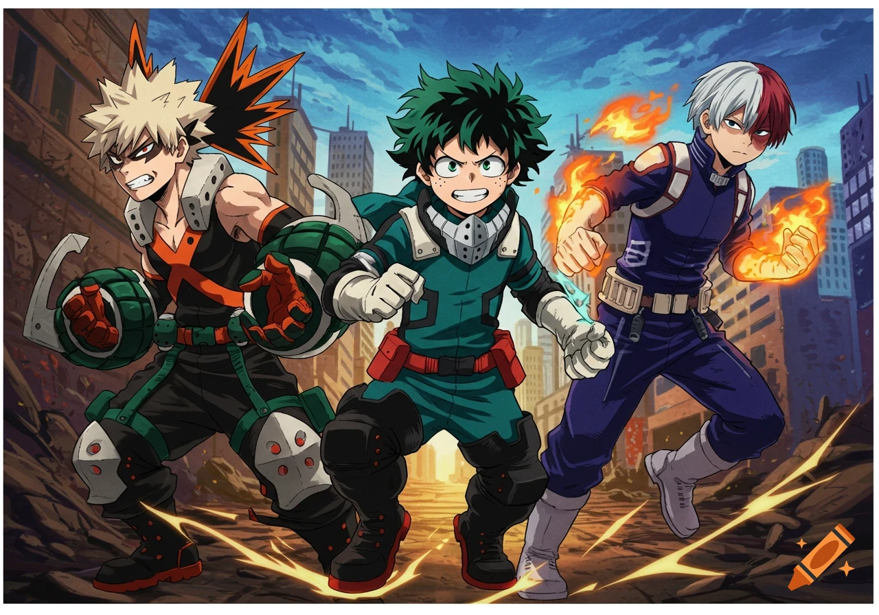 Three anime characters in hero outfits, Bakugo, Deku, and Todoroki, in a ruined city.
